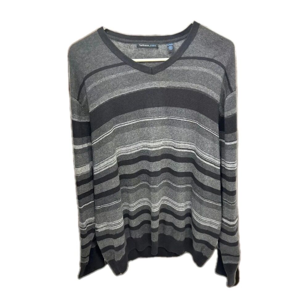 Van‎ Heusen Studio Sweater Men's XL Gray Stripes Pullover  Long Sleeve V-neck